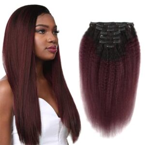 Sassina Virgin Brazilian Afro Kinky Straight Remy Human Hair Extensions Clip in,Double Wefts Seamless Corse Yaki Straight Clip on Hair For Black Women18inch 1b to 99J 120 grams per lot