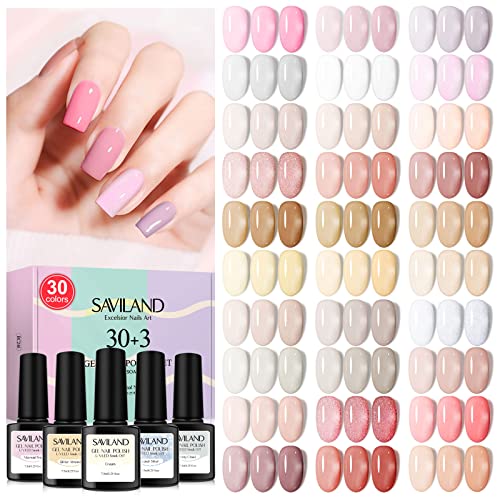 SAVILAND 33 Piece Nude and Pink Gel Nail Polish Kit with Base and Top Coat