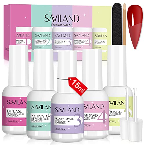SAVILAND 5*15ml Dip Powder Liquid Set - Glossy&Matte 9Pcs Nail Dip Liquid Set with Base & Top Coat/Activator/Brush Saver Dipping Powder Manicure Tools for Nail Art Home DIY Salon, Gift for Ladies
