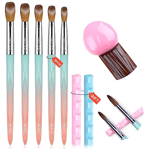 Saviland 5PCS Acrylic Nail Brush Kit: Size 4/8/10/12/16 Acrylic Nail Brushes for Acrylic Application & 2PCS Nail Art Brush Holders, Professional Acrylic Brushes for Nails Extension & 3D Nail Carving