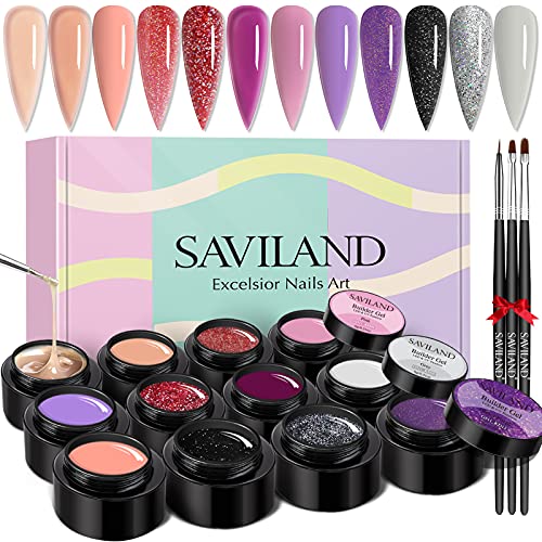 SAVILAND Builder Nail Gel Kit - 12 Colors Nail Extension Gel Glitter Hard Gel Nudes Pink Purple U V/LED Gels Nail Strengthen Nail Art Manicure Set with 3pcs Nail Brushes Nail Forms