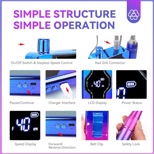 SAVILAND Electric Nail Drill Professional:2024 Night Elf Colors- 40000RPM Nail Drill Machine|Faster Removal Acrylic Nails& Large Battery Capacity Satisfy for Nail Art,Pedicure Manicure Home Nail Salon - Image 6