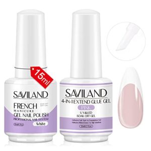 SAVILAND French Gel Nail Polish and Nail Glue Gel Set - 2PCS 15ML White Gel Nail Polish and Nudes 4-in-1 Gel Glue for Nails, Quick French Manicure Design for Starter DIY & Professional Nail Salon