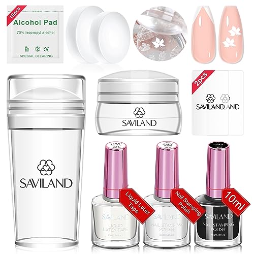 Saviland French Tip Nail Stamp - 10Pcs French Nail Stamper Kit with 2 Nail Stamping Polish Gel, Peel off Latex Tape and 2 Replacement French Tip Nail Tool Heads for French Manicure Kit Home DIY