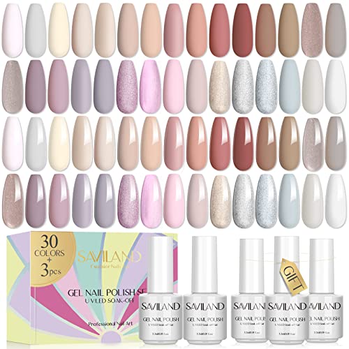 SAVILAND Nail Polish Gel Set: 30 Colors Soak-off Gel Polish Set with Base & Glossy Matte Top Gel French Winter Manicure Nail Art Starter Set for Salon Home & Nice Gifts
