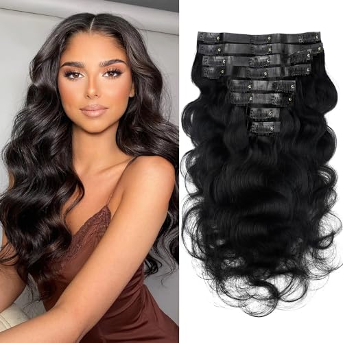 Seamless PU Body Wave Clip in Hair Extensions Real Human Hair Invisible PU Skin 120g Body Wave Clip ins Hair Extensions for Women 100% Human Hair 8Pcs/Set with18Clips(16inch Natural Black)