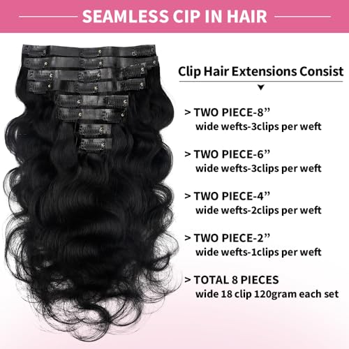 Seamless PU Body Wave Clip in Hair Extensions Real Human Hair Invisible PU Skin 120g Body Wave Clip ins Hair Extensions for Women 100% Human Hair 8Pcs/Set with18Clips(16inch Natural Black) - Image 2