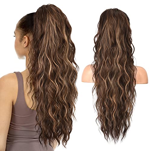 SEIKEA 26" Highlight Ponytail Extension，PT003 Eva Long Drawstring Ponytail Wavy Clip in Hair Extensions Ponytail Natural Soft Synthetic Hairpiece for Women Chocolate Brown with Blonde Highlights