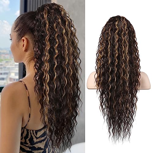 SEIKEA 26 Inch Isabella Ponytail Extension, Bohemian Curly, Chocolate Brown Caramel Blonde