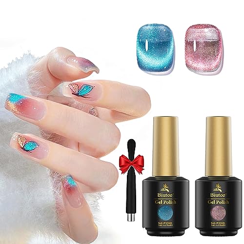 SEISSO Cat Eye Gel Nail Polish with Magnetic Stick 9D Holographic Laser Magnetic Nail Polish Set Reflective Shiny Gel Polish Soak Off Nail Polish for Home Salon Nail Art Design (2 * 8ml)