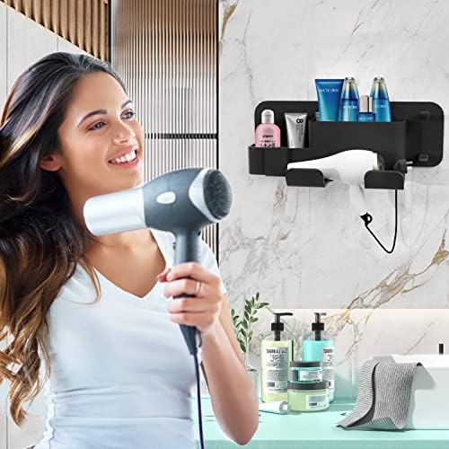 Self-Adhesive Hair Dryer Holder Drill-Free Removable Wall Mounted Multi-Func Blow Dryer Holder for Bathroom Salon, Hair Dryer Rack & Styling Care Tool Organizer Storage Basket, Morden Black - Image 2