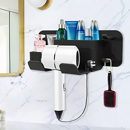 Self-Adhesive Hair Dryer Holder Drill-Free Removable Wall Mounted Multi-Func Blow Dryer Holder for Bathroom Salon, Hair Dryer Rack & Styling Care Tool Organizer Storage Basket, Morden Black - Image 5