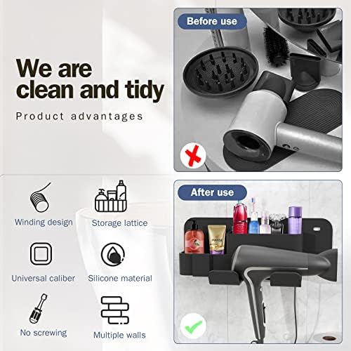 Self-Adhesive Hair Dryer Holder Drill-Free Removable Wall Mounted Multi-Func Blow Dryer Holder for Bathroom Salon, Hair Dryer Rack & Styling Care Tool Organizer Storage Basket, Morden Black - Image 6