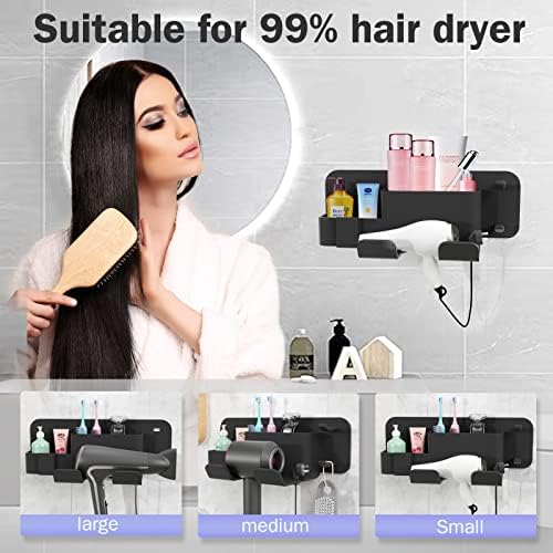 Self-Adhesive Hair Dryer Holder Drill-Free Removable Wall Mounted Multi-Func Blow Dryer Holder for Bathroom Salon, Hair Dryer Rack & Styling Care Tool Organizer Storage Basket, Morden Black - Image 3
