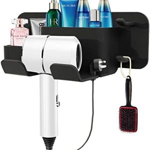 Self-Adhesive Hair Dryer Holder Drill-Free Removable Wall Mounted Multi-Func Blow Dryer Holder for Bathroom Salon, Hair Dryer Rack & Styling Care Tool Organizer Storage Basket, Morden Black
