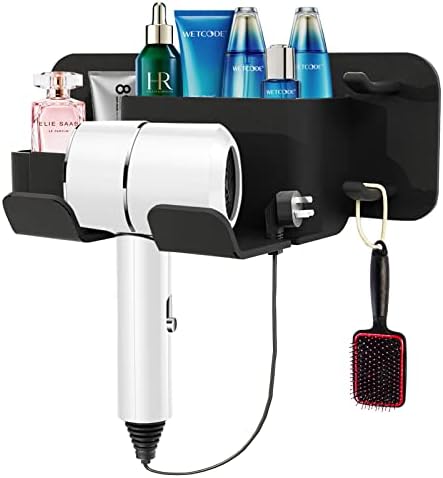 Self-Adhesive Hair Dryer Holder Drill-Free Removable Wall Mounted Multi-Func Blow Dryer Holder for Bathroom Salon, Hair Dryer Rack & Styling Care Tool Organizer Storage Basket, Morden Black