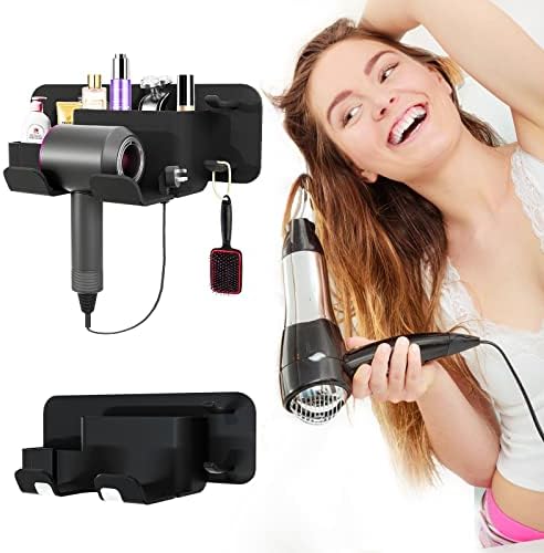 Self-Adhesive Hair Dryer Holder Drill-Free Removable Wall Mounted Multi-Func Blow Dryer Holder for Bathroom Salon, Hair Dryer Rack & Styling Care Tool Organizer Storage Basket, Morden Black - Image 9