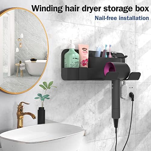Self-Adhesive Hair Dryer Holder Drill-Free Removable Wall Mounted Multi-Func Blow Dryer Holder for Bathroom Salon, Hair Dryer Rack & Styling Care Tool Organizer Storage Basket, Morden Black - Image 7