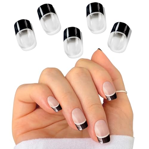 Semi Cured Gel Nail Strips Black French Tip Nail Stickers Works With UV Lamp - Easy Application & Long Lasting - Includes Prep Pads & Nail File - Instant Salon-Quality Nails - 20 Pcs
