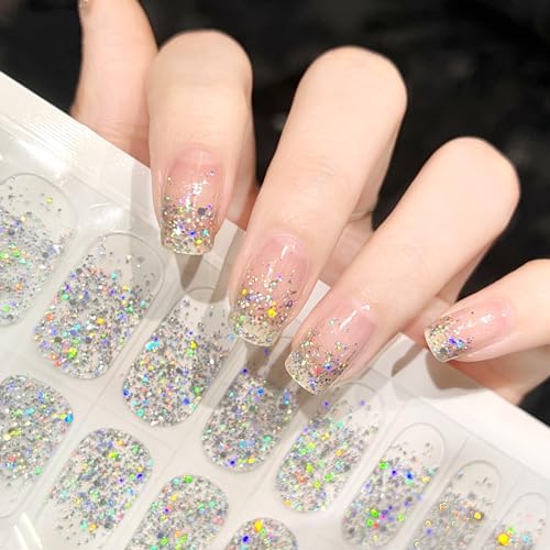 Semi Cured Gel Nail Strips Glitter Sequins Nail Stickers Transparent Full Nail Wraps for Women Nail Art Design