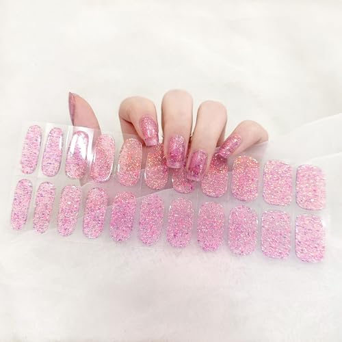 Semi Cured Nail Gel Strips Glitter Purple Pink Sequins Adhesive Nail Polish Stickers for Women Manicure