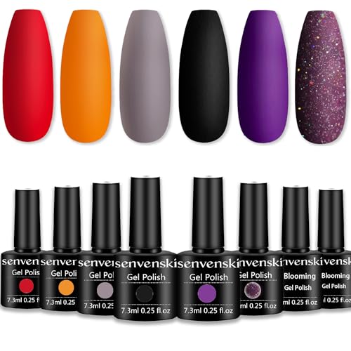 senvenski Blooming Gel Nail Polish, Halloween Gel Nail Polish, Grey Black Gel Polish, Purple Wine Red Maroon Orange Coral Gel Polish Kit Set
