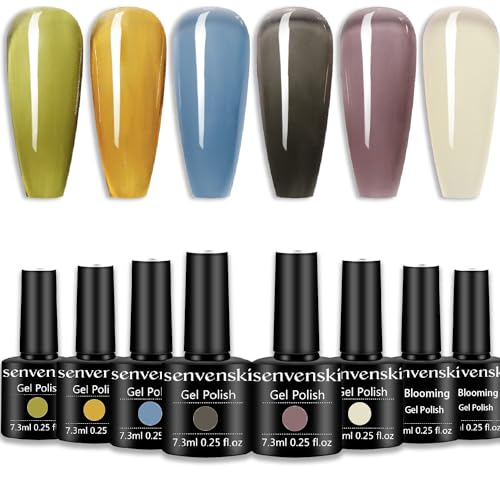 senvenski Blooming Gel Nail Polish, Jelly Crystal Gel Nail Polish Sheer Clear White Milky Green Orange Blue Purple Black Gift UV LED Art Varnish Kit