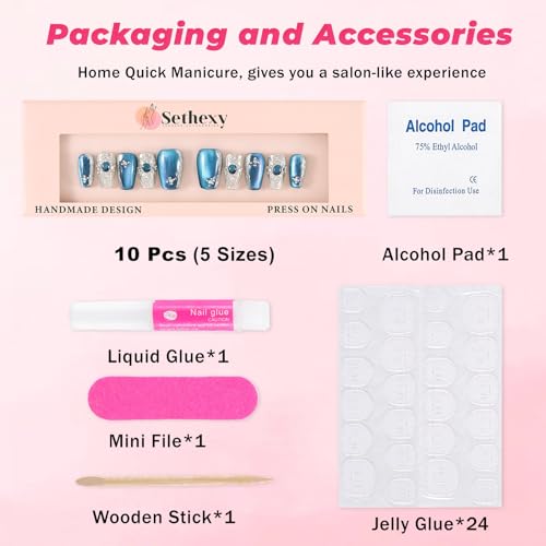 Sethexy Blue Handmade Press On Nails Medium Coffin Acrylic False Nails with Design Silver Glitter Fake Nails Glossy Salon Nail for Women and Girls 10PCS (Blue3) - Image 5