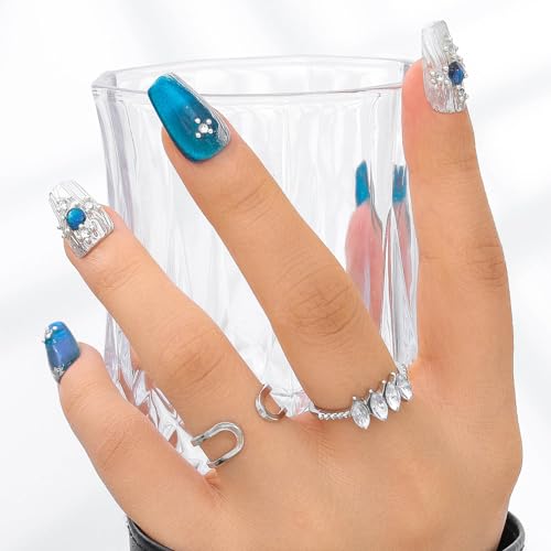 Sethexy Blue Handmade Press On Nails Medium Coffin Acrylic False Nails with Design Silver Glitter Fake Nails Glossy Salon Nail for Women and Girls 10PCS (Blue3) - Image 3