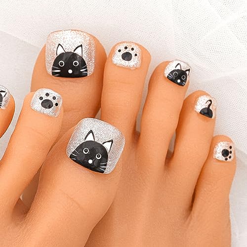 Sethexy Handmade Glossy Square Short Press On Toenails with Sliver Glitter 10 Pcs Set