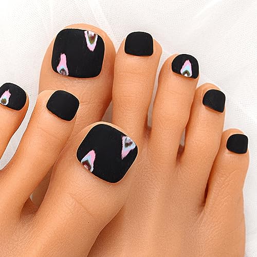 Sethexy Matte Square Short False Toenails Handmade Black Press On Toenails Simple Acrylic Fake Toe Nails Full Cover Artificial Stick On Foot Nails Removable for Women and Girls 10Pcs(1)