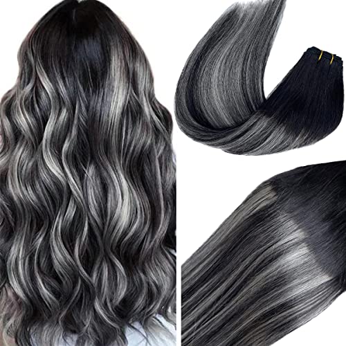 Sew in Hair Extensions Human Hair, Ombre Colored #1B Off Black Highlights Silver Human Hair Weave Bundles Double Wefts Straight Human Hair Extensions for Women 80 Gram