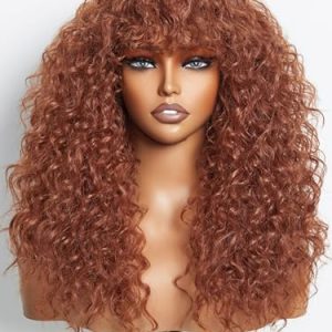 Shaggy Haircuts Curly Wig with Bangs Ginger Brown Wigs Crafted with Style-Archive™ Technology: Premium Fiber & Remy Human Hair Blended, Realistic Look with True Scalp