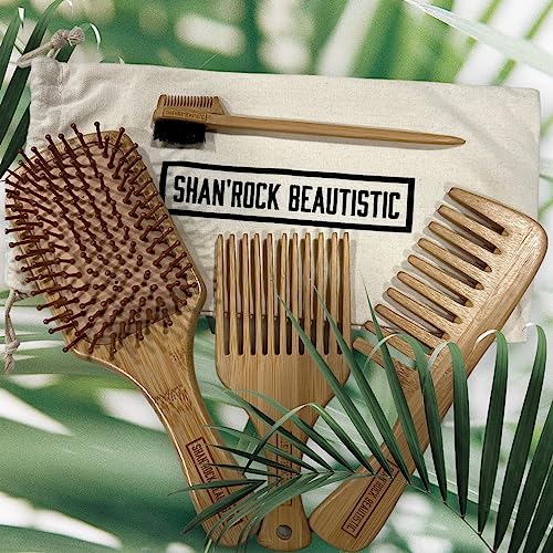 SHAN'ROCK BEAUTISTIC 4pc Eco-Friendly Bamboo Wide-Tooth Comb,Paddle Detangling Brush, Pick and Edge Brush Set for Thick, Curly, Straight, Wavy, Dry and Fine Hair - Image 4