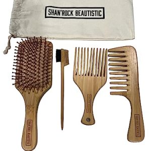 SHAN'ROCK BEAUTISTIC 4pc Eco-Friendly Bamboo Wide-Tooth Comb,Paddle Detangling Brush, Pick and Edge Brush Set for Thick, Curly, Straight, Wavy, Dry and Fine Hair