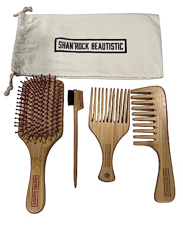 SHAN'ROCK BEAUTISTIC 4pc Eco-Friendly Bamboo Wide-Tooth Comb,Paddle Detangling Brush, Pick and Edge Brush Set for Thick, Curly, Straight, Wavy, Dry and Fine Hair