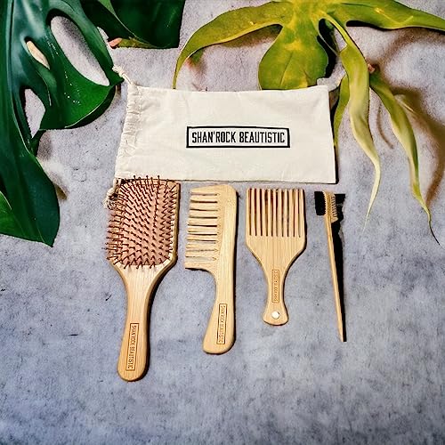 SHAN'ROCK BEAUTISTIC 4pc Eco-Friendly Bamboo Wide-Tooth Comb,Paddle Detangling Brush, Pick and Edge Brush Set for Thick, Curly, Straight, Wavy, Dry and Fine Hair - Image 7