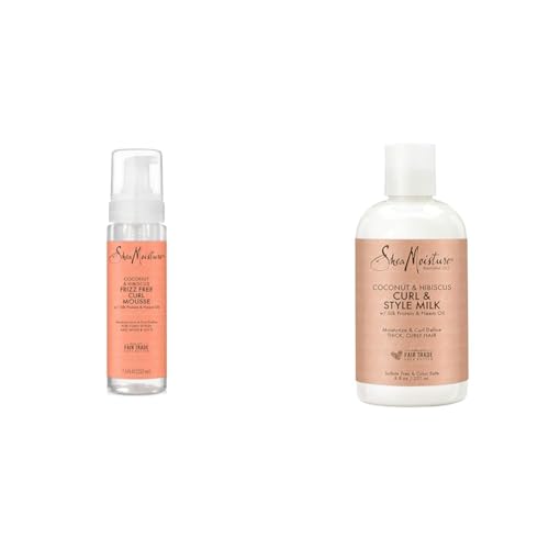 SheaMoisture Curl Mousse Coconut and Hibiscus & Fair Trade Sulfate Free Coconut Hibiscus Curl & Style Milk with Silk Protein & Neem Oil For Thick, Defined, Curly Hair 8 oz