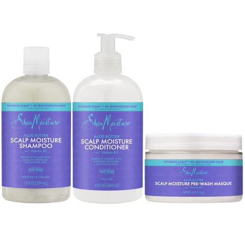 SheaMoisture Shampoo (13 Oz) + Conditioner (13 Oz) + Pre-Wash Masque (4 Oz) Dry Scalp Shampoo and Conditioner 3pc Bundle with Aloe Butter & Vitamin B3, Shea Butter Shampoo and Conditioner with Masque