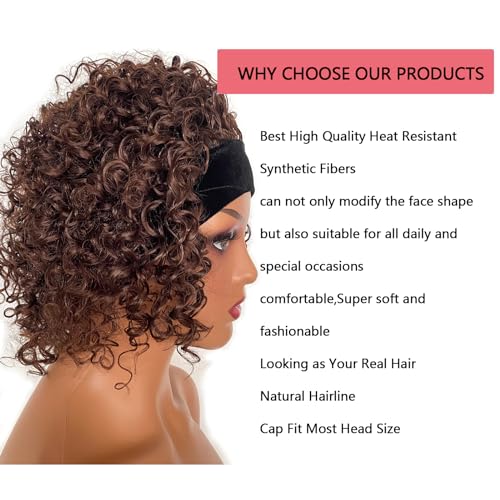 Short 8 Inch Kinky Curly Bob Headband Wigs Chocolate Brown Synthetic Glueless Wig with Headbands Attached For Black Women(Chocolate Brown) - Image 5