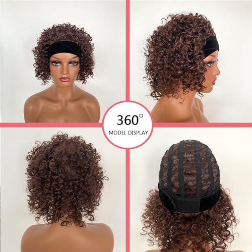 Short 8 Inch Kinky Curly Bob Headband Wigs Chocolate Brown Synthetic Glueless Wig with Headbands Attached For Black Women(Chocolate Brown) - Image 2