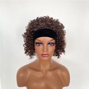 Short 8 Inch Kinky Curly Bob Headband Wigs Chocolate Brown Synthetic Glueless Wig with Headbands Attached For Black Women(Chocolate Brown)