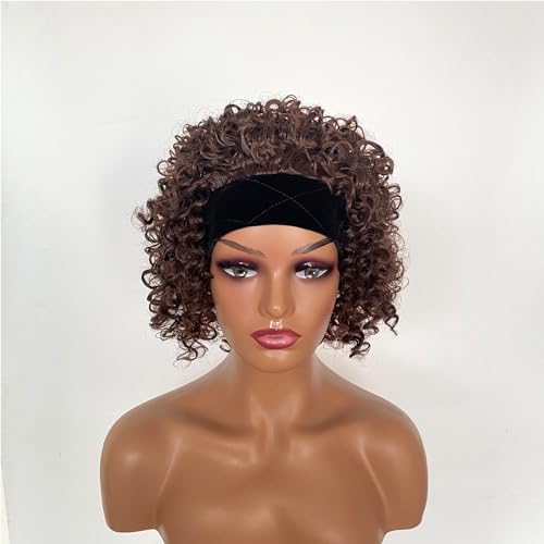 Short 8 Inch Kinky Curly Bob Headband Wigs Chocolate Brown Synthetic Glueless Wig with Headbands Attached For Black Women(Chocolate Brown)