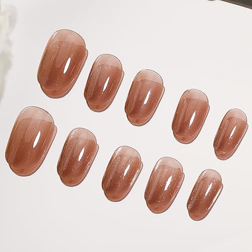 Short Almond Cat Eye Press-On Nails Kit 24 Tips Medium Size Glue File Prep Pad Included - Image 6
