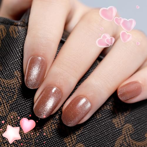 Short Almond Cat Eye Press-On Nails Kit 24 Tips Medium Size Glue File Prep Pad Included