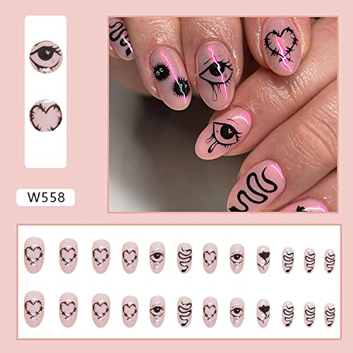 Short Almond Press On Nails Coffin Shape Full Cover Reusable False Nails Stick On Nails with Love Heart Eye Pattern Design Artificial Fingernails Acrylic Black Rose Fake Nails for Women Glue On Nails - Image 4