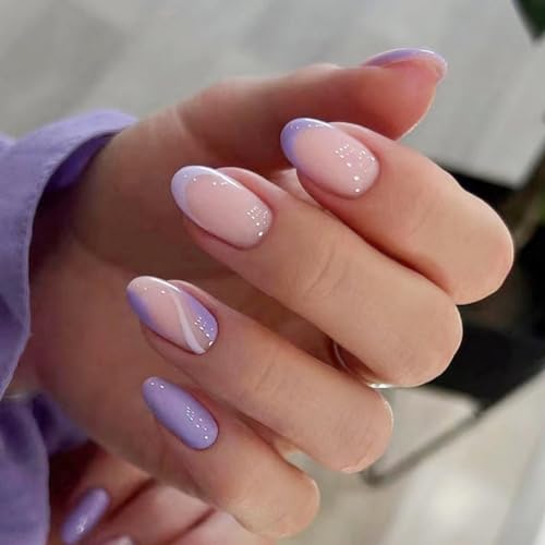 Short Almond Purple Press On Nails with Swirl & French Tip Design, 24 Piece Set - Image 6