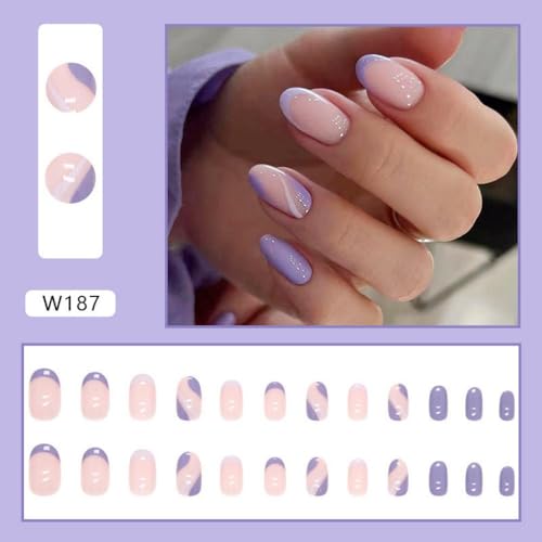 Short Almond Purple Press On Nails with Swirl & French Tip Design, 24 Piece Set - Image 5