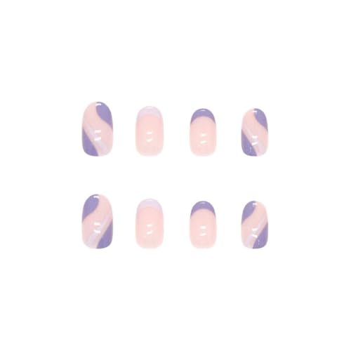 Short Almond Purple Press On Nails with Swirl & French Tip Design, 24 Piece Set - Image 4