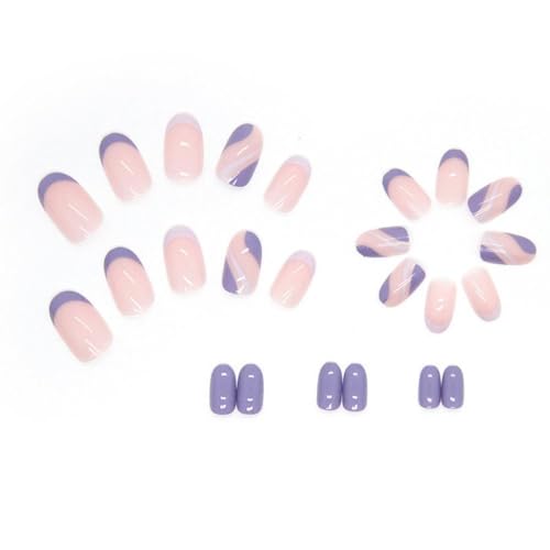 Short Almond Purple Press On Nails with Swirl & French Tip Design, 24 Piece Set - Image 2